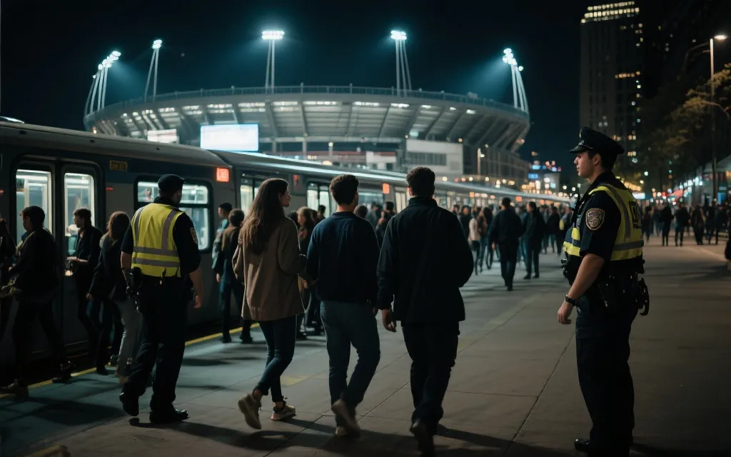 球场外散场人流与夜色城市，球迷安全回程的动线感