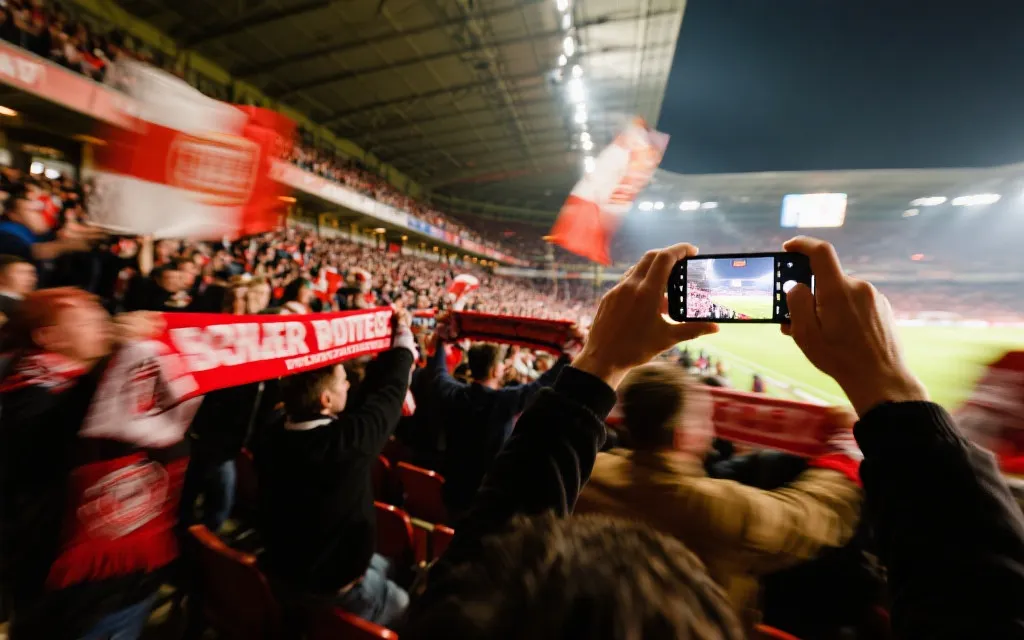 看台上的球迷举起围巾与旗帜，手机记录热烈氛围