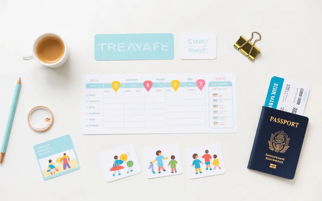 多人同行的模块化旅行计划桌面，含比赛日与亲子活动的日程卡片